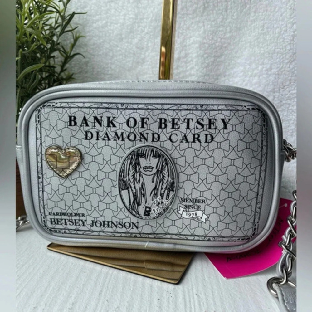 Betsey Johnson Bank of Betsey Diamond Card Crossbody Silver Mini Bag NWT